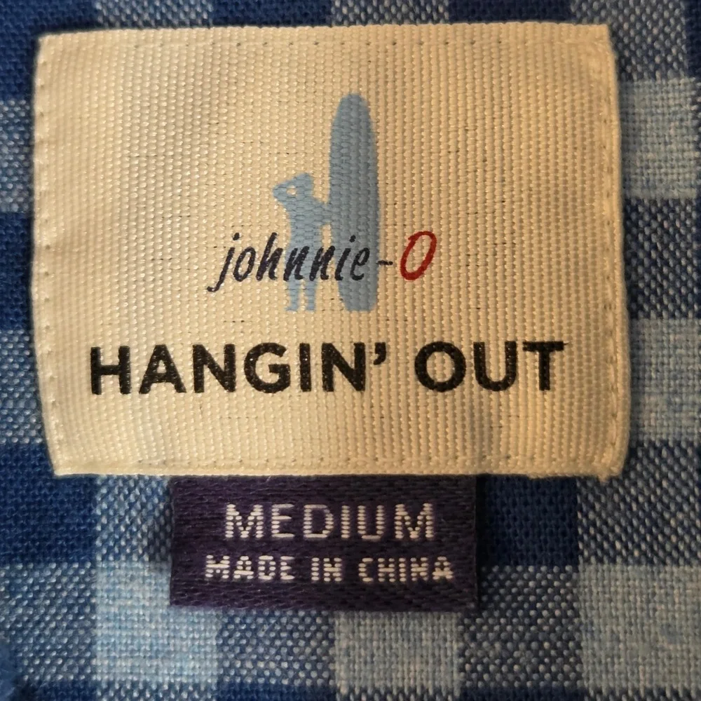 Johnnie-O Hangin Out Mens Blue Gingham Button Down Shirt Gator Creek Logo Medium
